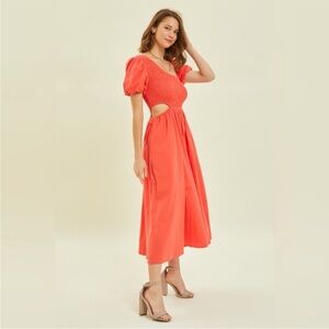 Heyson Cut Out Cotton Smocked Coral Boho Midi Dress Sz Sm NWT
